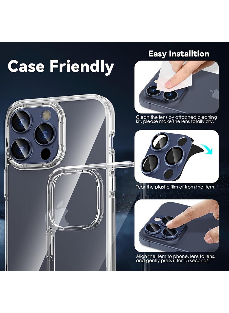 Theodor iPhone 15 Pro Max/ 15 Pro  Camera Lens Protector With 9H Tempered Glass Camera Ring Anti Scratch Metal Plate [Drop Protection], Case Friendly Camera Cover, Blue Titanium - Image 5